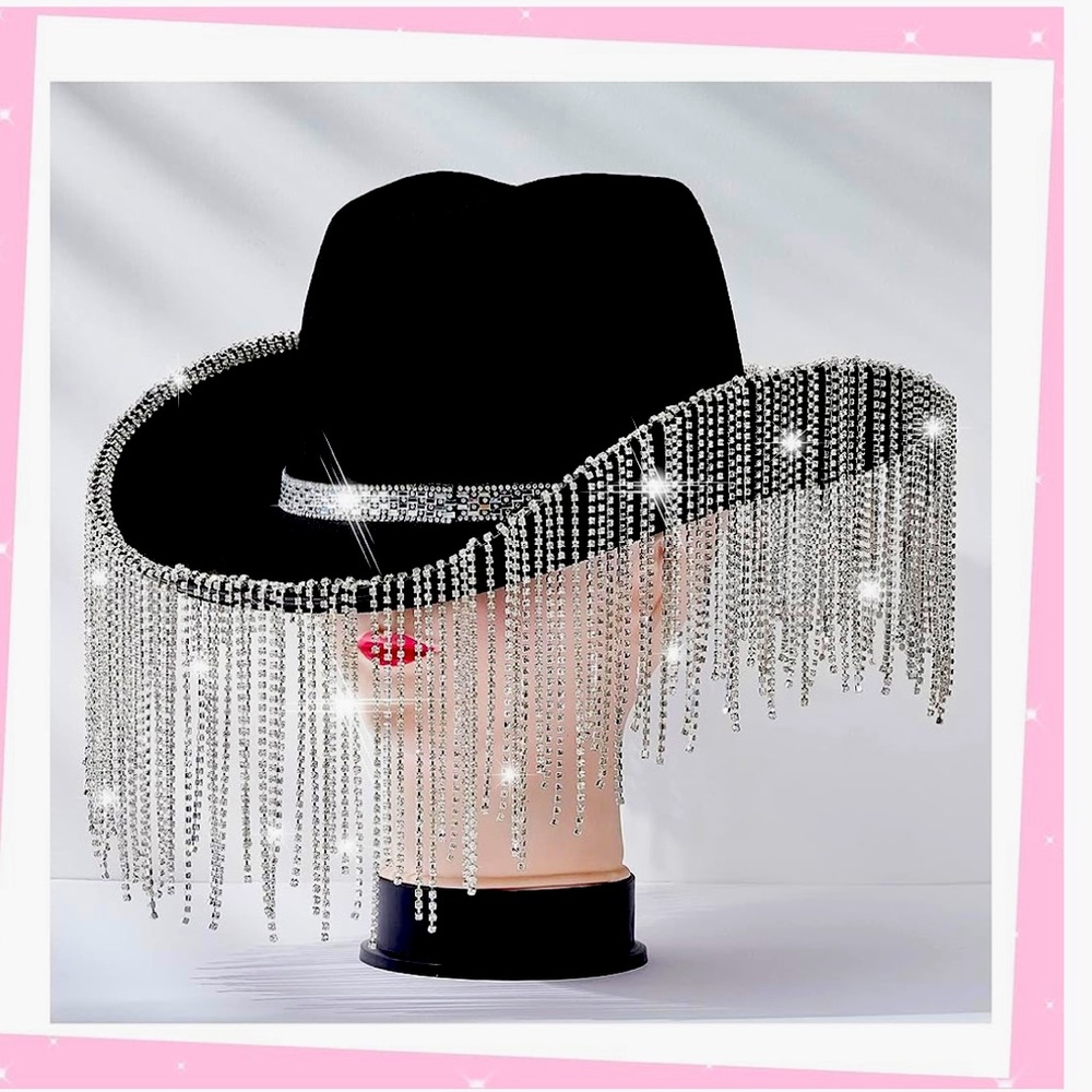 Brand new Renaissance rhinestone tassel Black hat. Never taken out of packaging